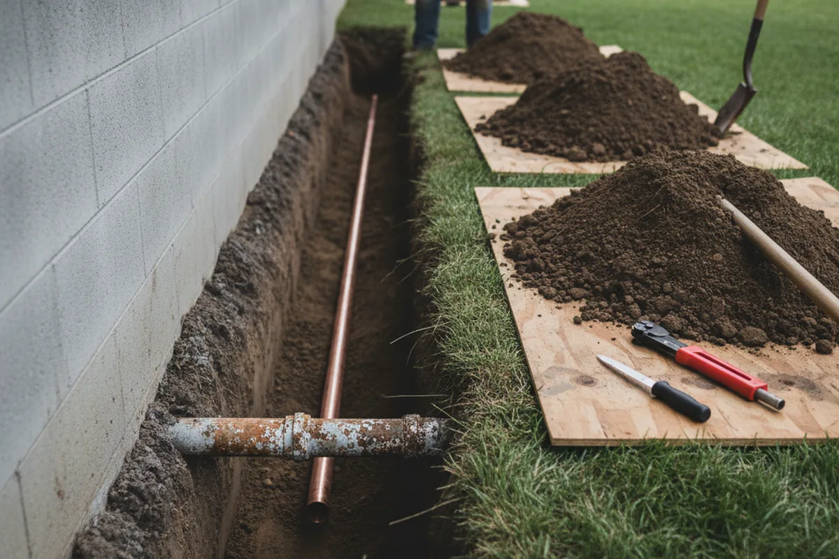 Excavated water line trench during Water Softener Installation in Brantingham
